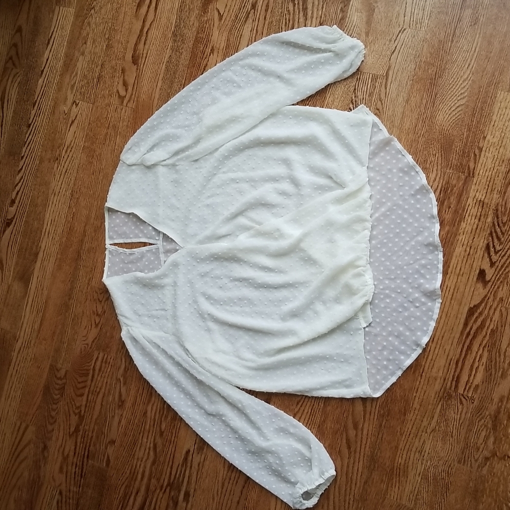 (XL) Cottagecore Sheer Back Loose Sleeve Blouse Textured Off White V Neck